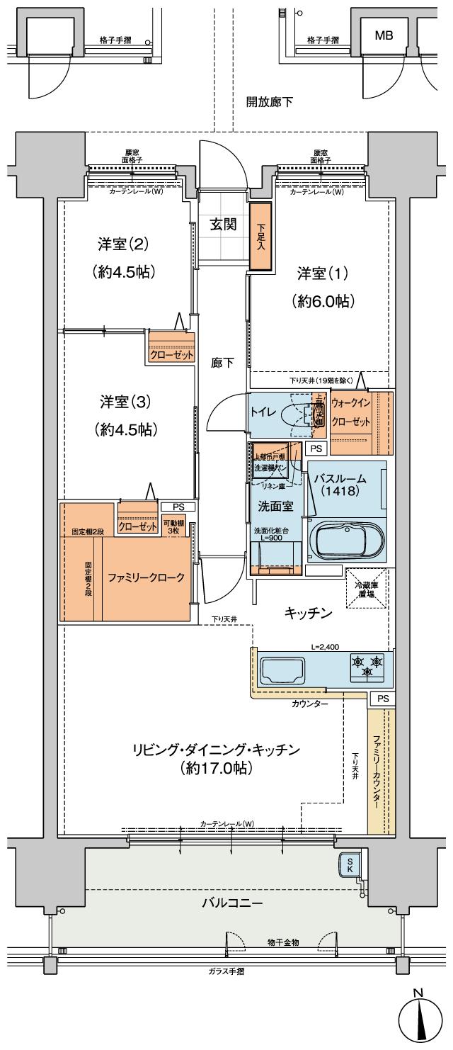 ヴェルディ・ザ・タワー宇品の間取り図　C(menu1)：3LDK+WIC+FC